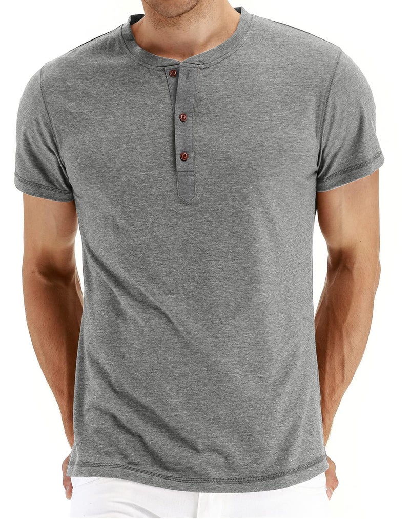 PEGENO Men's Casual Slim Fit Short Sleeve Henley T-Shirts Cotton Shirts Gray-US L - Image 1