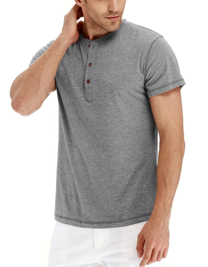 PEGENO Men's Casual Slim Fit Short Sleeve Henley T-Shirts Cotton Shirts Gray-US L - Image 5