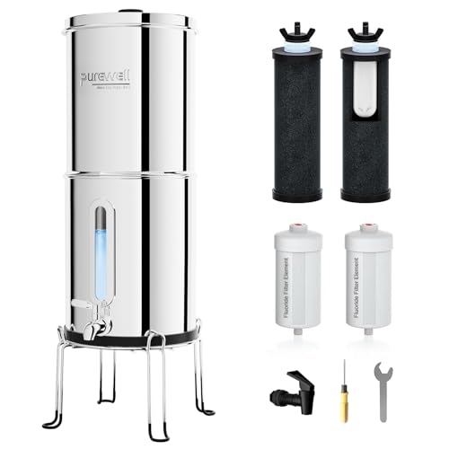 Purewell 2.25G Gravity Water Filter System with Water Level Window, 8-Stage 0.01μm Ultra-Filtration Stainless Steel Countertop System with 4 Filters and Stand, Reduce Fluoride and Chlorine, PW-KS-CF - Image 1