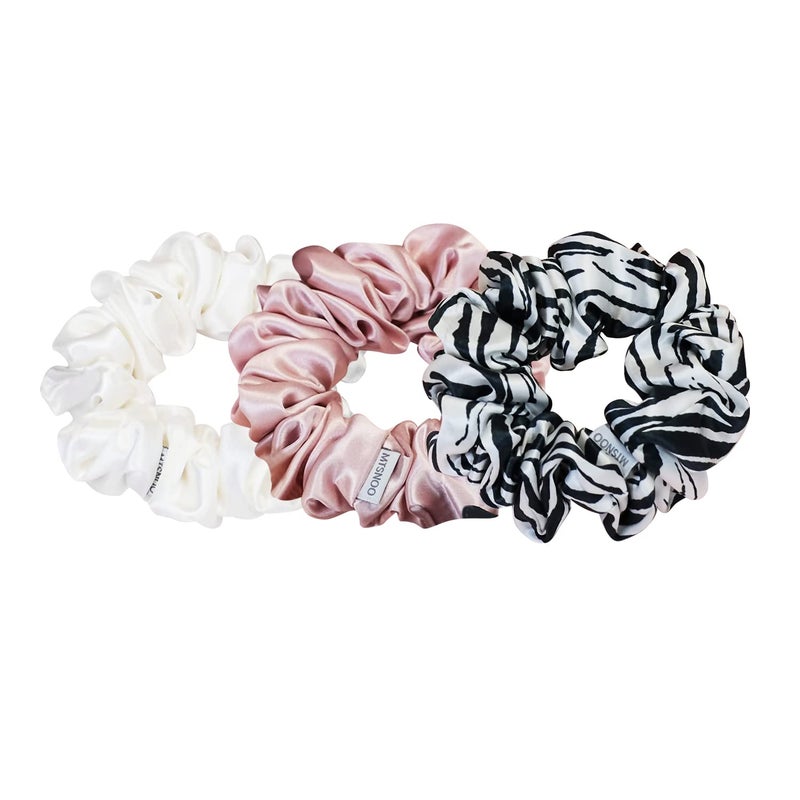 MTSNOO Silk Scrunchies for Sleep 100 Pure 22 Momme Mulberry Silk Scrunchies for Curly Hair with Elastic Band 3 Pack Pink White Zebra