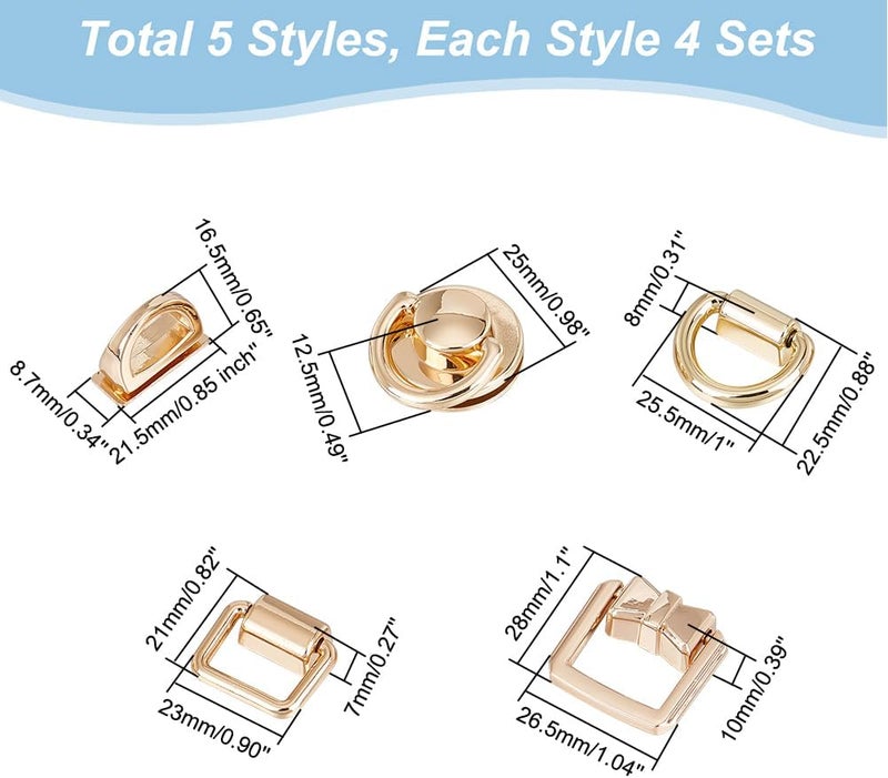 klarako 20 Sets Metal Suspension Clasps for Purse, 5 Styles DIY Bag Side Clip Buckles Bag Strap Connector Clasp D Ring Buckles Round Head Screw Back Hardware Accessory - Image 2