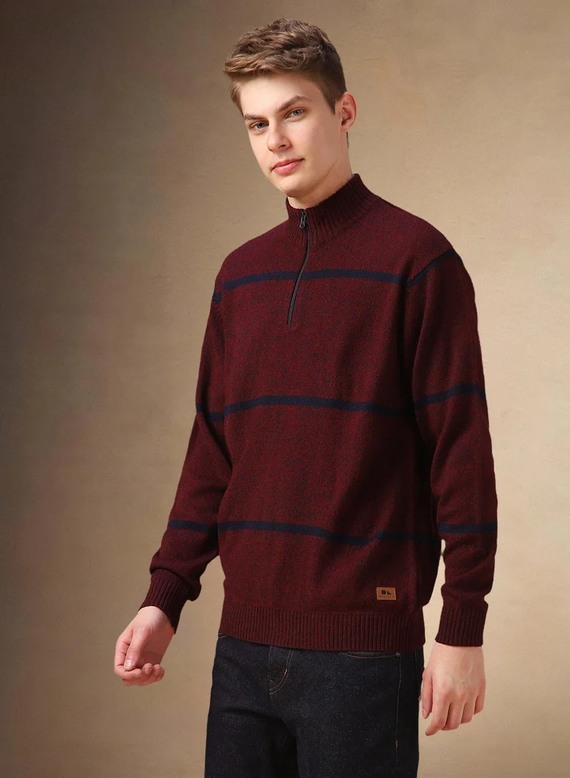Dennis Lingo Men's Maroon 100% Acrylic Striped Regular Fit Sweater
