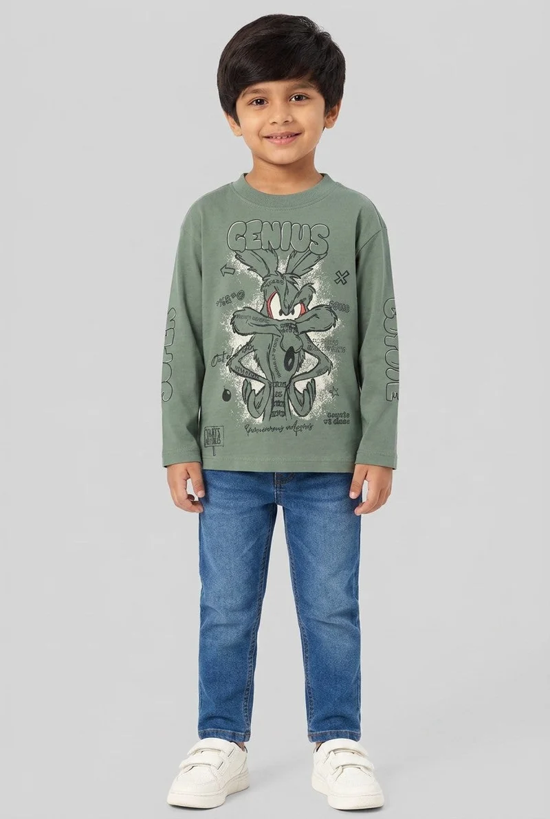 او في اس OVS Boysâ€™ Green Pure Cotton Long-Sleeve Looney Tunes Print T-Shirt
