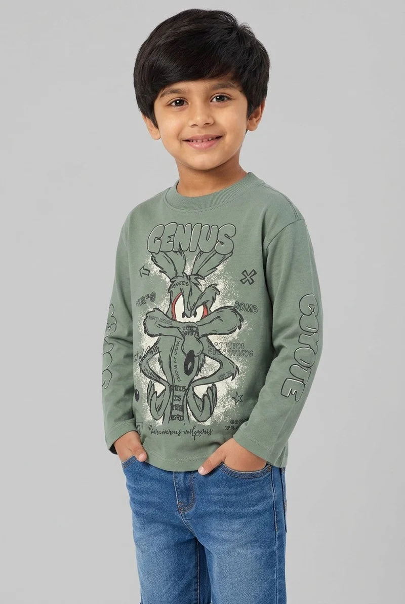 او في اس OVS Boysâ€™ Green Pure Cotton Long-Sleeve Looney Tunes Print T-Shirt