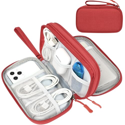 FYY Travel Cable Organizer Pouch Electronic Accessories Carry Case Portable Waterproof Double Layers All-in-One Storage Bag for Cord, Charger, Phone, Earphone Red - Image 1