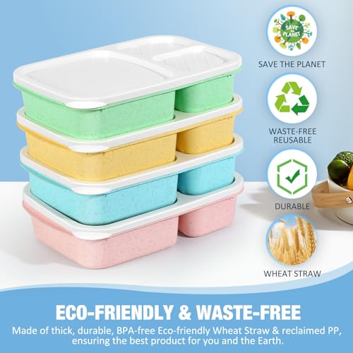 Caperci Bento Lunch Box Containers for Adults & Kids - 3-Compartment Reusable Meal Prep Containers with 2 Sauce Containers for School, Work, Travel, Wheat Straw, 4-Pack (Vintage Colors) - Image 2
