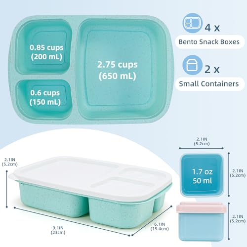 Caperci Bento Lunch Box Containers for Adults & Kids - 3-Compartment Reusable Meal Prep Containers with 2 Sauce Containers for School, Work, Travel, Wheat Straw, 4-Pack (Vintage Colors) - Image 5