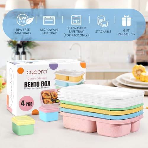 Caperci Bento Lunch Box Containers for Adults & Kids - 3-Compartment Reusable Meal Prep Containers with 2 Sauce Containers for School, Work, Travel, Wheat Straw, 4-Pack (Vintage Colors) - Image 4