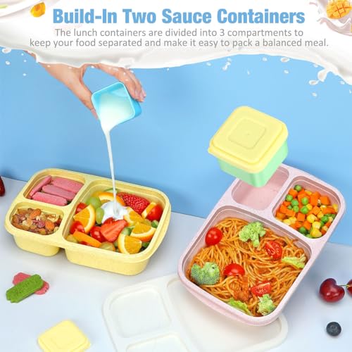 Caperci Bento Lunch Box Containers for Adults & Kids - 3-Compartment Reusable Meal Prep Containers with 2 Sauce Containers for School, Work, Travel, Wheat Straw, 4-Pack (Vintage Colors) - Image 3