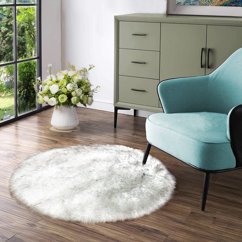 Latepis White with Grey Tips Round Rugs 5ft Washable Faux Sheepskin Fur Rug Fluffy Area Furry Rug for Living Room Bedroom Room Decor - Image 2
