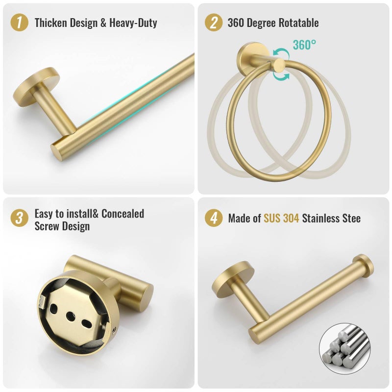 soaez Brushed Gold Towel Bar Set 10 Pieces Bathroom Hardware Accessories Set Towel Rack Set for Bathroom SUS304 Stainless Steel Toilet Paper Holder Wall Mounted  23.6 Inch - Image 4