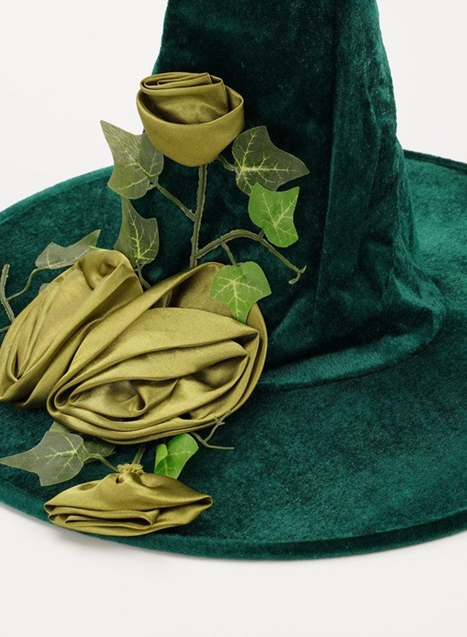 BXT Witch Hat for Women, Large Brim Tree Topper Rose Wizard Hat, Halloween Witch Costume Cosplay Fancy Dress Accessories Headgear Party Favors, Green - Image 2