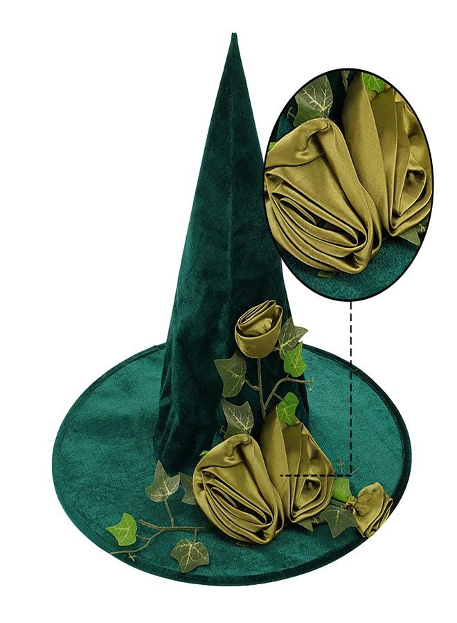 BXT Witch Hat for Women, Large Brim Tree Topper Rose Wizard Hat, Halloween Witch Costume Cosplay Fancy Dress Accessories Headgear Party Favors, Green - Image 3