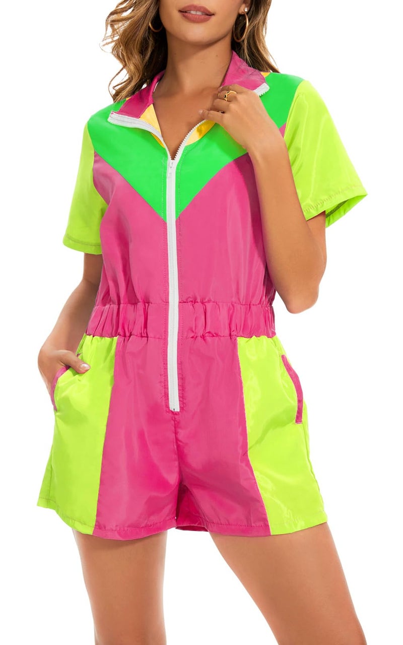 Yisfri Womens 80s 90s One Piece Outfit Vintage Zip Front Neon Rompers Windbreaker Jumpsuit Theme Party Track Suit (Pink, S) - Image 1