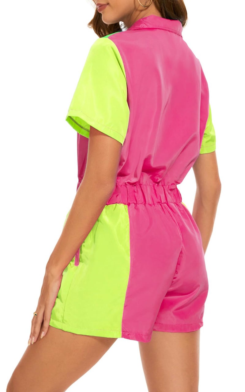Yisfri Womens 80s 90s One Piece Outfit Vintage Zip Front Neon Rompers Windbreaker Jumpsuit Theme Party Track Suit (Pink, S) - Image 3