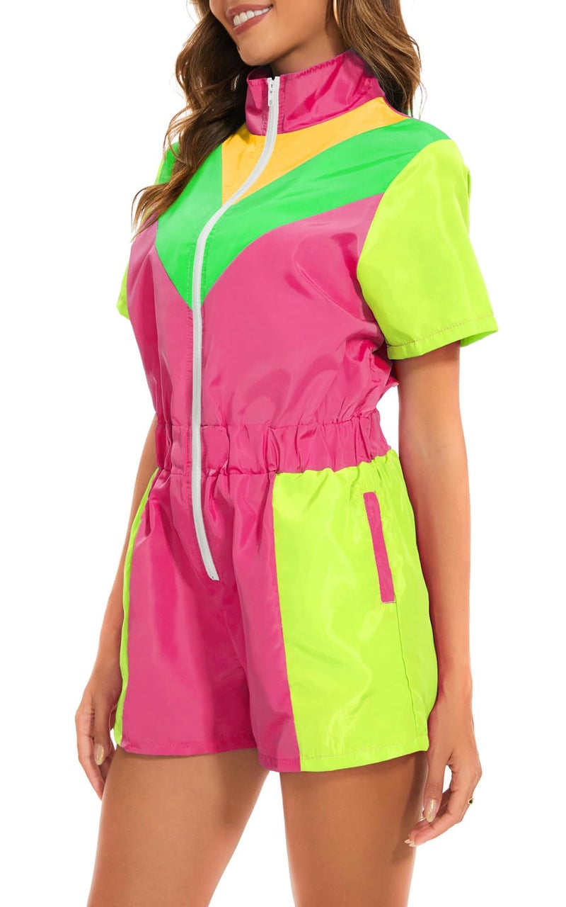 Yisfri Womens 80s 90s One Piece Outfit Vintage Zip Front Neon Rompers Windbreaker Jumpsuit Theme Party Track Suit (Pink, S) - Image 2