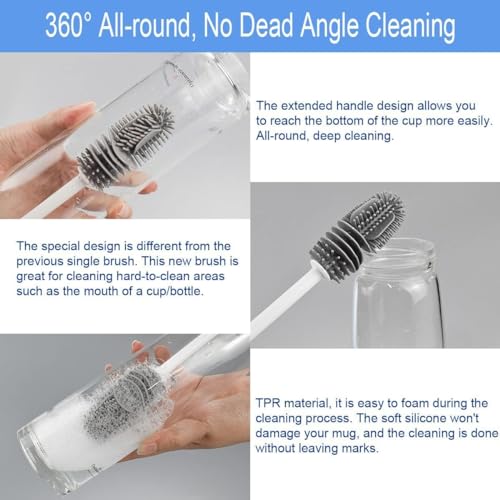 Recluse Pack of 2 Bottle Brush Silicone Cleaning Brush Long Dishwashing Brush Glass Bottle for Soda & Baby Bottles Glasses, Glass Carafe Carafes and Thermos Flasks with Narrow Opening - Image 2
