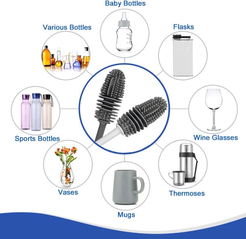Recluse Pack of 2 Bottle Brush Silicone Cleaning Brush Long Dishwashing Brush Glass Bottle for Soda & Baby Bottles Glasses, Glass Carafe Carafes and Thermos Flasks with Narrow Opening - Image 5