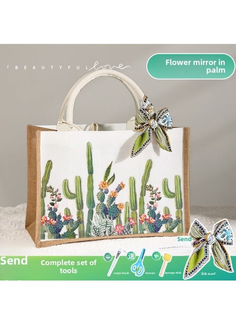 Butterfly Ancient Bart Material Bag Diy Mother's Day Canvas Bag Children's Handmade Creative Linen Bag Group Building Activity Gift-Color:Vertical Style [flower Mirror In The Palm] Comes With A Full Set Of Tools + Detailed Tutorials
