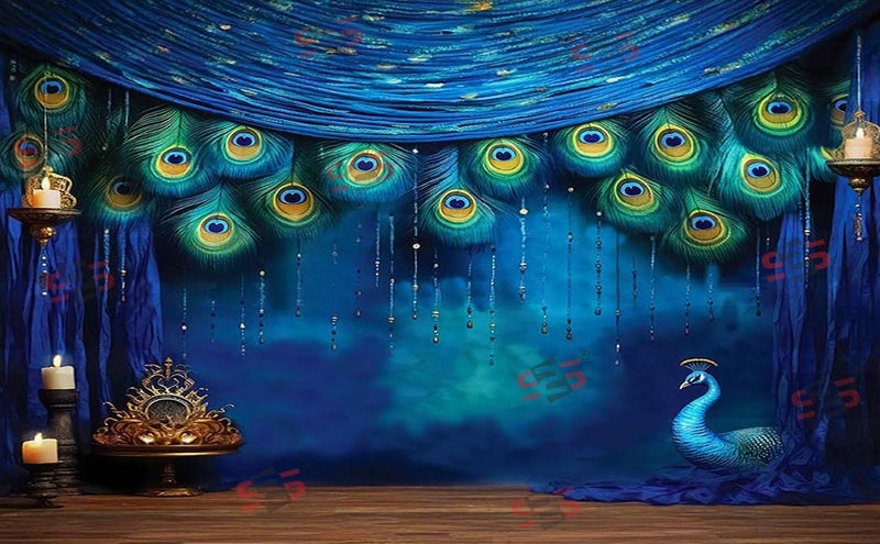 S2S قماش خلفية الطاووس لتزيين البوجا التقليدي، قماش تزيين خلفية | قماش ستارة لجميع المهرجانات والفعاليات والمناسبات - (5 × 8 قدم) (أزرق طاووس) - Image 4