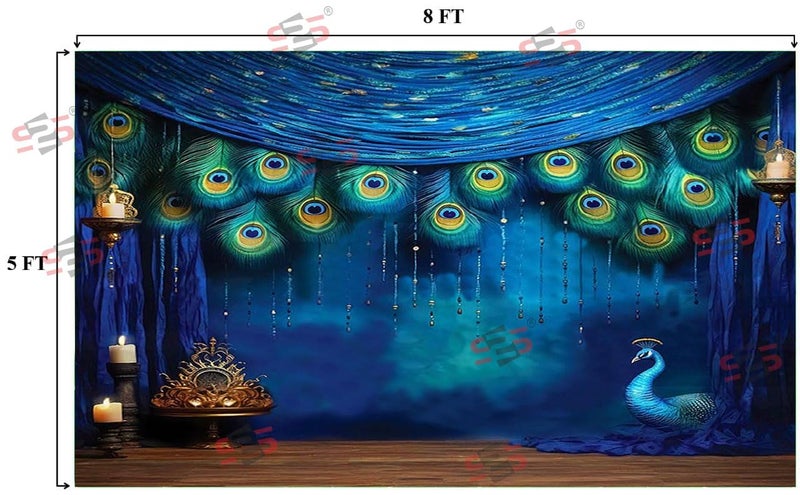 S2S قماش خلفية الطاووس لتزيين البوجا التقليدي، قماش تزيين خلفية | قماش ستارة لجميع المهرجانات والفعاليات والمناسبات - (5 × 8 قدم) (أزرق طاووس) - Image 5