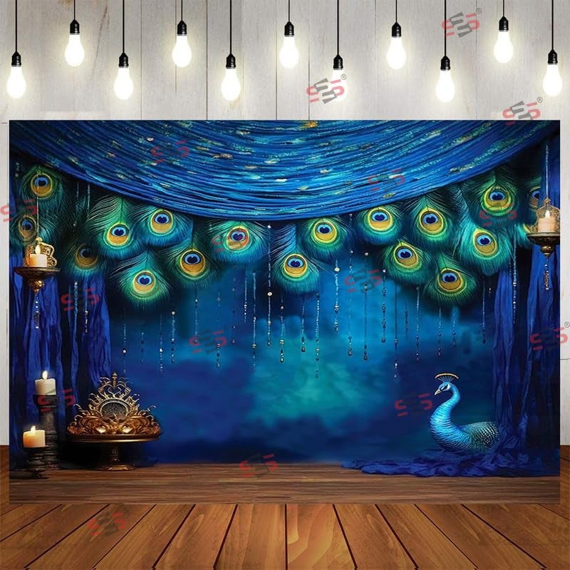 S2S قماش خلفية الطاووس لتزيين البوجا التقليدي، قماش تزيين خلفية | قماش ستارة لجميع المهرجانات والفعاليات والمناسبات - (5 × 8 قدم) (أزرق طاووس) - Image 1