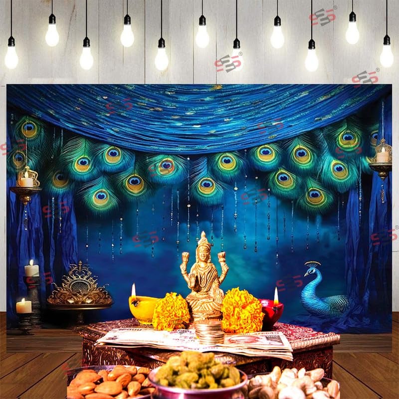 S2S قماش خلفية الطاووس لتزيين البوجا التقليدي، قماش تزيين خلفية | قماش ستارة لجميع المهرجانات والفعاليات والمناسبات - (5 × 8 قدم) (أزرق طاووس) - Image 3