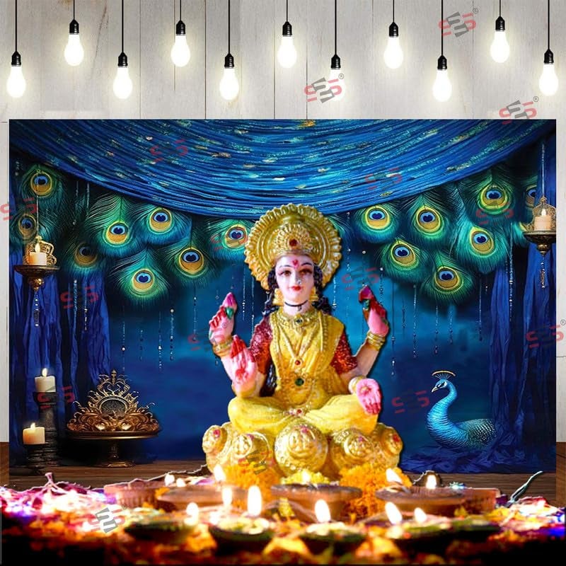 S2S قماش خلفية الطاووس لتزيين البوجا التقليدي، قماش تزيين خلفية | قماش ستارة لجميع المهرجانات والفعاليات والمناسبات - (5 × 8 قدم) (أزرق طاووس) - Image 2