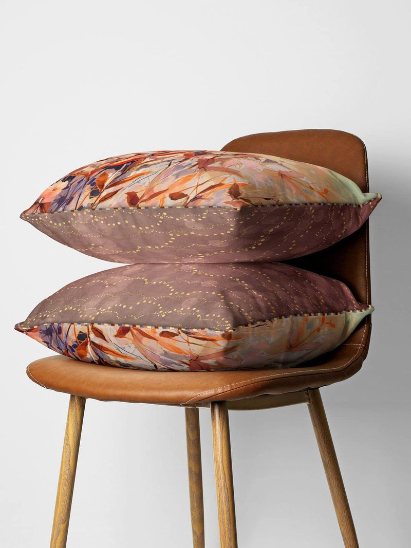 BIANCA Designer Reversible Printed Silk Linen Cushion Covers -2pc 16 X16 Set (Suzane) | with Contrast Front & Back Digital Print | - Hidden Zipper Floral-Abstract-Earthy/Beige - Image 2