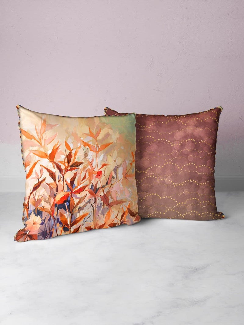 BIANCA Designer Reversible Printed Silk Linen Cushion Covers -2pc 16 X16 Set (Suzane) | with Contrast Front & Back Digital Print | - Hidden Zipper Floral-Abstract-Earthy/Beige - Image 1