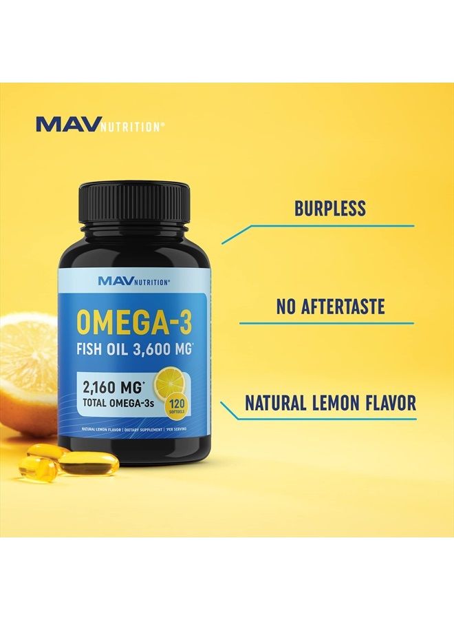 Triple Strength Omega 3 Fish Oil | 3600 mg EPA & DHA | Over 2,000mg of Omega-3 Fatty Acids | Over 1,200mg EPA + 800mg DHA | Best Essential Fatty Acids | Premium Burpless Softgel Supplements (120 Ct)