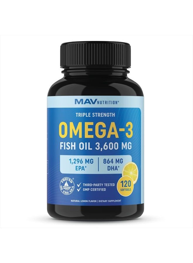 MAV Nutrition Triple Strength Omega 3 Fish Oil | 3600 mg EPA & DHA | Over 2,000mg of Omega-3 Fatty Acids | Over 1,200mg EPA + 800mg DHA | Best Essential Fatty Acids | Premium Burpless Softgel Supplements (120 Ct) - Image 1