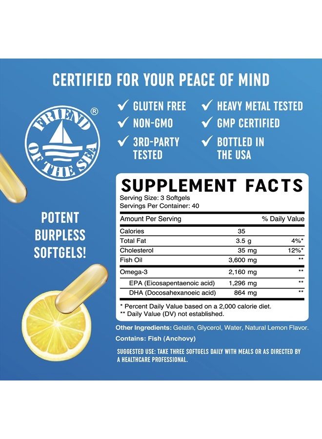 MAV Nutrition Triple Strength Omega 3 Fish Oil | 3600 mg EPA & DHA | Over 2,000mg of Omega-3 Fatty Acids | Over 1,200mg EPA + 800mg DHA | Best Essential Fatty Acids | Premium Burpless Softgel Supplements (120 Ct) - Image 2