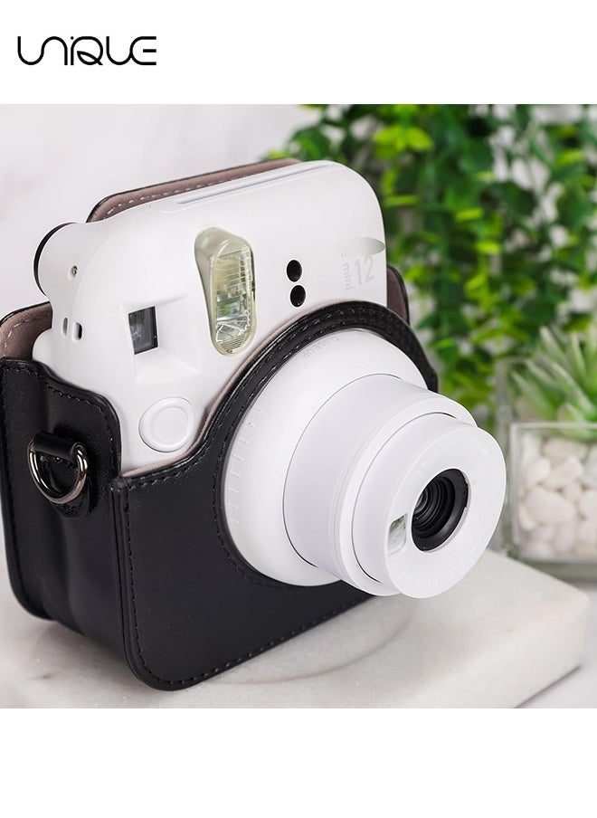 Unique Camera Case Compatible with Instax Mini 12 - Protective Case PU Leather Bag with Pocket and Adjustable Shoulder Strap (Black)  - Image 3