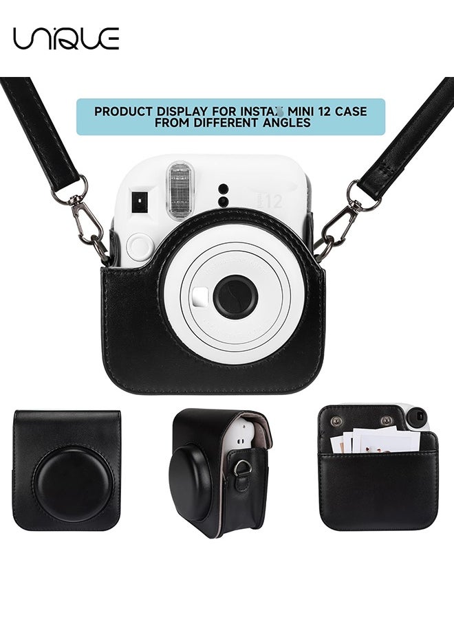 Unique Camera Case Compatible with Instax Mini 12 - Protective Case PU Leather Bag with Pocket and Adjustable Shoulder Strap (Black)  - Image 2