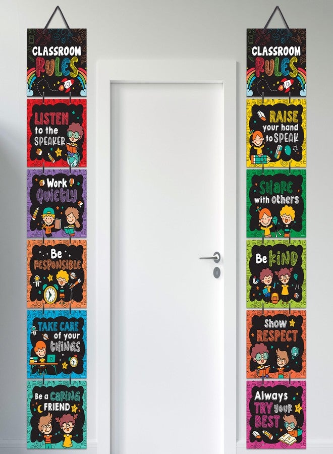 Decorably 12 Hanging Chalkboard-Themed Classroom Rules Elementary Set with Accompanying Ribbon, 12x10 Matte-Laminated Classroom Rules Poster High School Middle School, Kindergarten, Preschool - Image 1