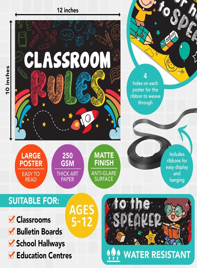 Decorably 12 Hanging Chalkboard-Themed Classroom Rules Elementary Set with Accompanying Ribbon, 12x10 Matte-Laminated Classroom Rules Poster High School Middle School, Kindergarten, Preschool - Image 2