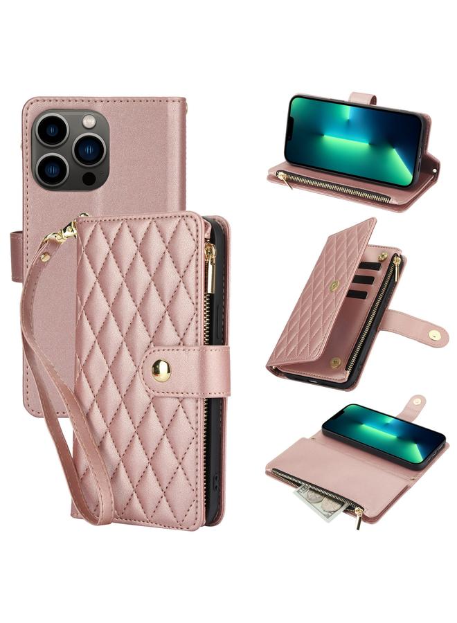 Zaboon Case For iPhone 13 Pro Max YM016 Rhombic Zipper Card Wallet Leather Phone Case with Lanyard - Image 1