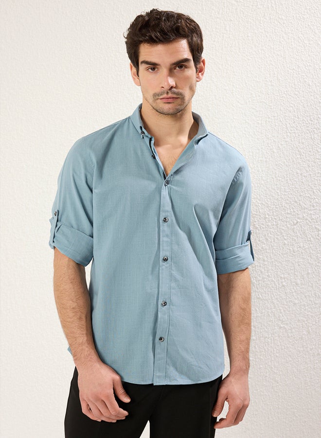 trendyol Blue Button-down Collar Epaulette Slim Fit 100% Cotton Shirt TMNSS20GO0189 - Image 1