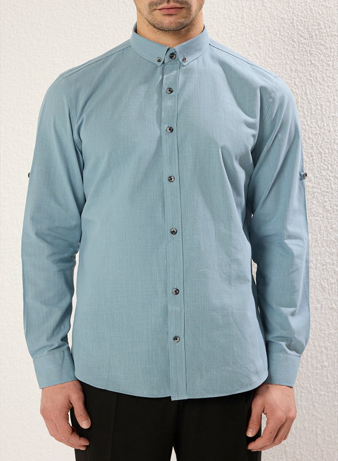 trendyol Blue Button-down Collar Epaulette Slim Fit 100% Cotton Shirt TMNSS20GO0189 - Image 3
