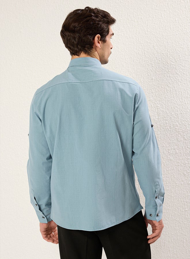 trendyol Blue Button-down Collar Epaulette Slim Fit 100% Cotton Shirt TMNSS20GO0189 - Image 5