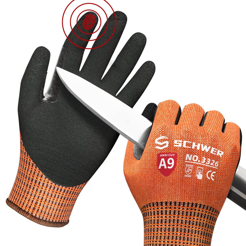 Schwer ProGuard Highest Level Cut Resistant Work Gloves PR3326 for Extreme ProtectionANSI A9 Cut Gloves with Reinforced Thumb Non Slip Breathable Durable Touchscreen Non PFAS Orange 1 PairL