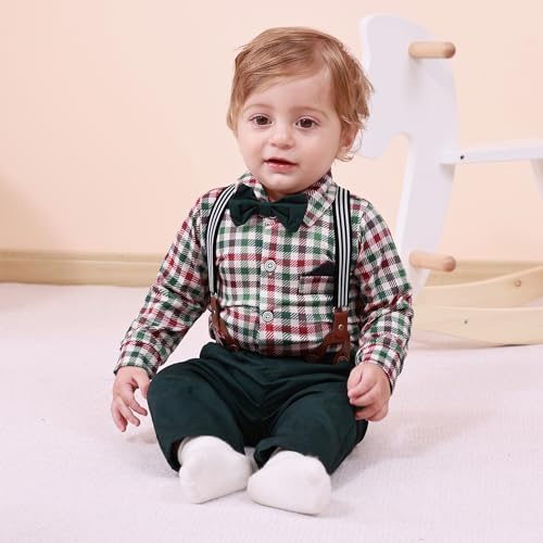 SANMIO Baby Boy Clothes Suit 1218 Months Boys Baptism Easter Outfits Baby ShirtBow TiePantsSuspenders 4Pcs Christmas Wedding Clothing Set Christmas Outfits 1218 Months - Image 3