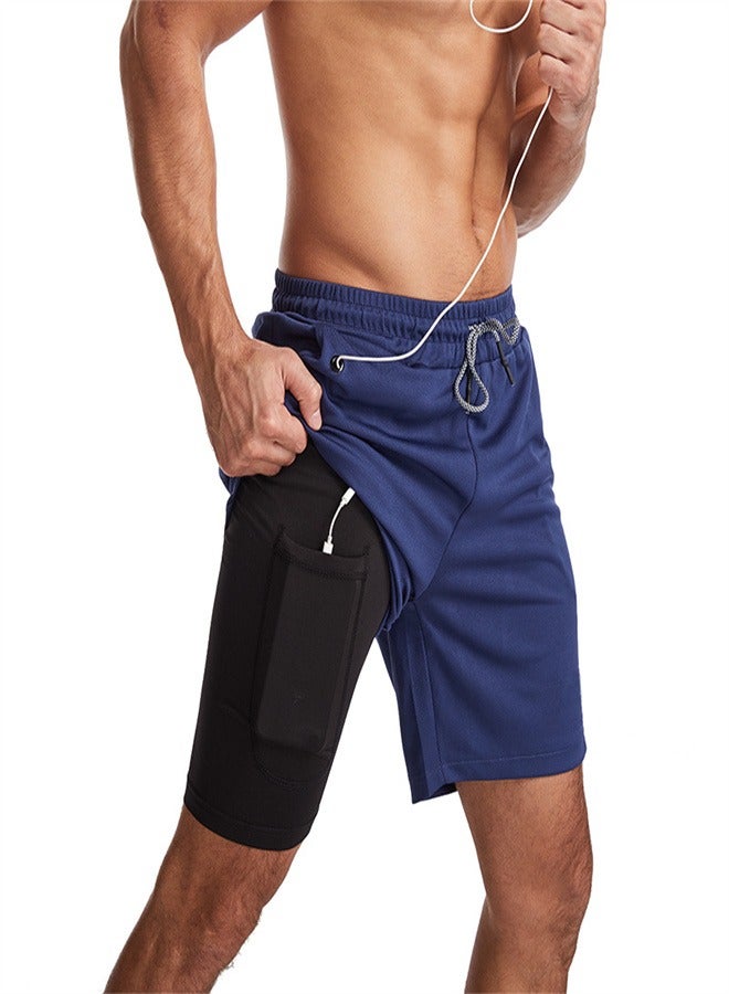 Loquat Men's 2-in-1 Quick Drying Casual Fitness Shorts Navy Blue  - Image 1
