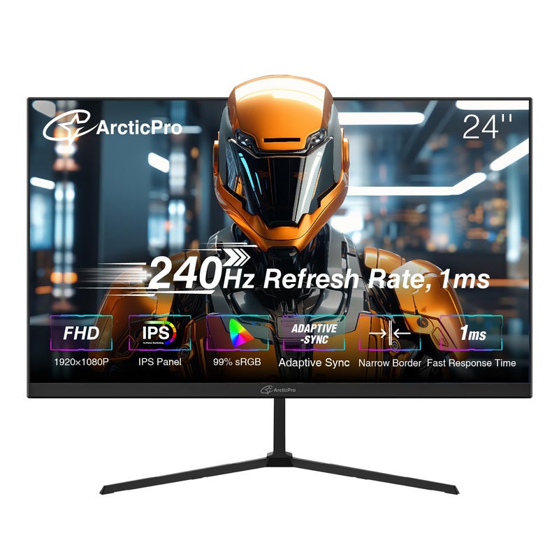 ArcticPro 24 inch Gaming Monitor 240Hz, FHD 1080p, IPS Panel, 1ms Response Time, Adaptive sync, PC Computer Monitor, 3-Sided Frameless, Ultra Slim, 120% sRGB, Bluelight Filter, HDMI & DP Ports,Black - Image 1