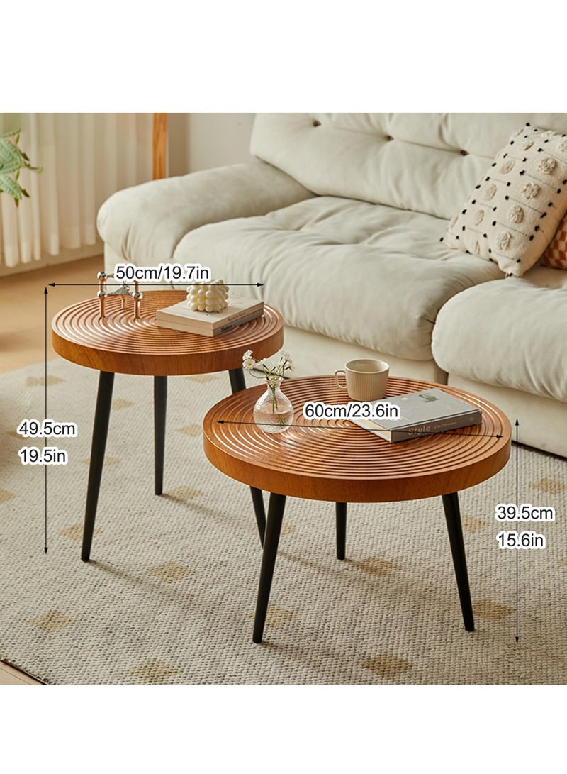 XiuWoo Modern Farmhouse Living Room Coffee Table Set, Nesting Side Table Round Natural Finish Tea Table with Wood Ring Motif for Balcony Decor Walnut,50cm+60cm - Image 4