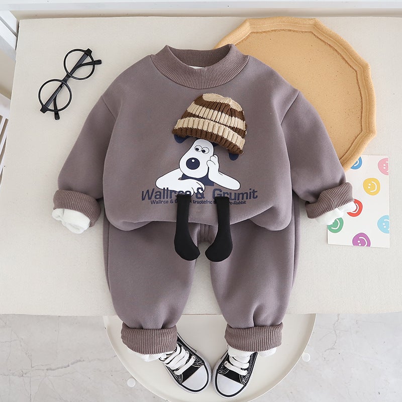 Childrens Wear 2023 Winter fleece-lined Cartoon Printed Sweatshirt Boys Autumn and Winter Childrens One-piece Cashmere Baby Foreign Style suit fleece-lined three-dimensional hat puppy two-piece gray 