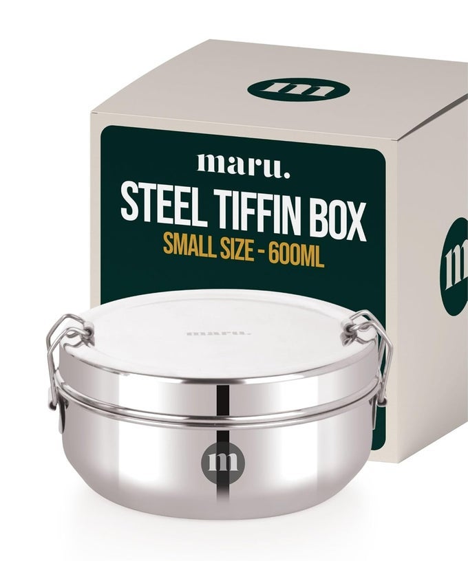 STEEL TIFFIN BOX FOR SCHOOL/OFFICE 600ML, AIRTIGHT LUNCH CONTAINERS WITH COMPARTMENTS & SMALL PARTITON PLATE, EASY TO CARRY & CLEAN, PERFECT FOR MEN, WOMEN & KIDS FOR DAILY USE & MULTIPURPOSE