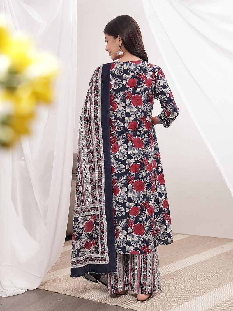 ZELENA Maternity Cotton Kurta Pant Set with Dupatta and Zip Feeding Access | A-Line Nursing Kurta with Pants & Pocket | Pregnancy & Postpartum Wear – Navy Blue - Image 2