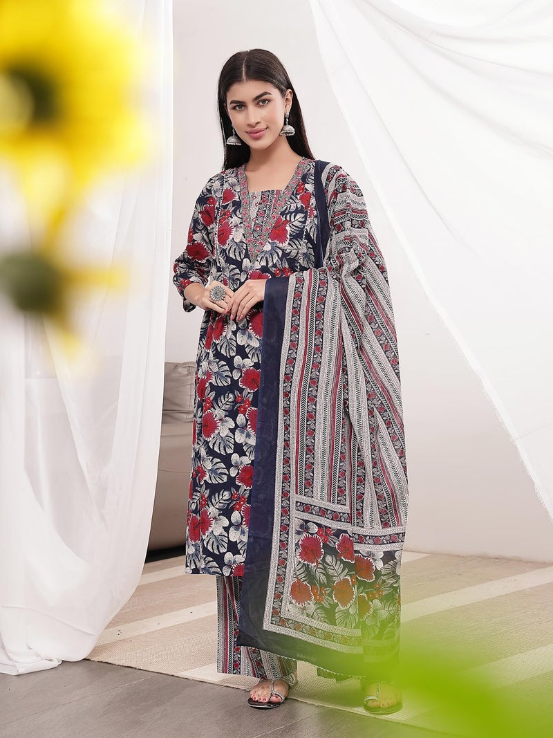 ZELENA Maternity Cotton Kurta Pant Set with Dupatta and Zip Feeding Access | A-Line Nursing Kurta with Pants & Pocket | Pregnancy & Postpartum Wear – Navy Blue - Image 5